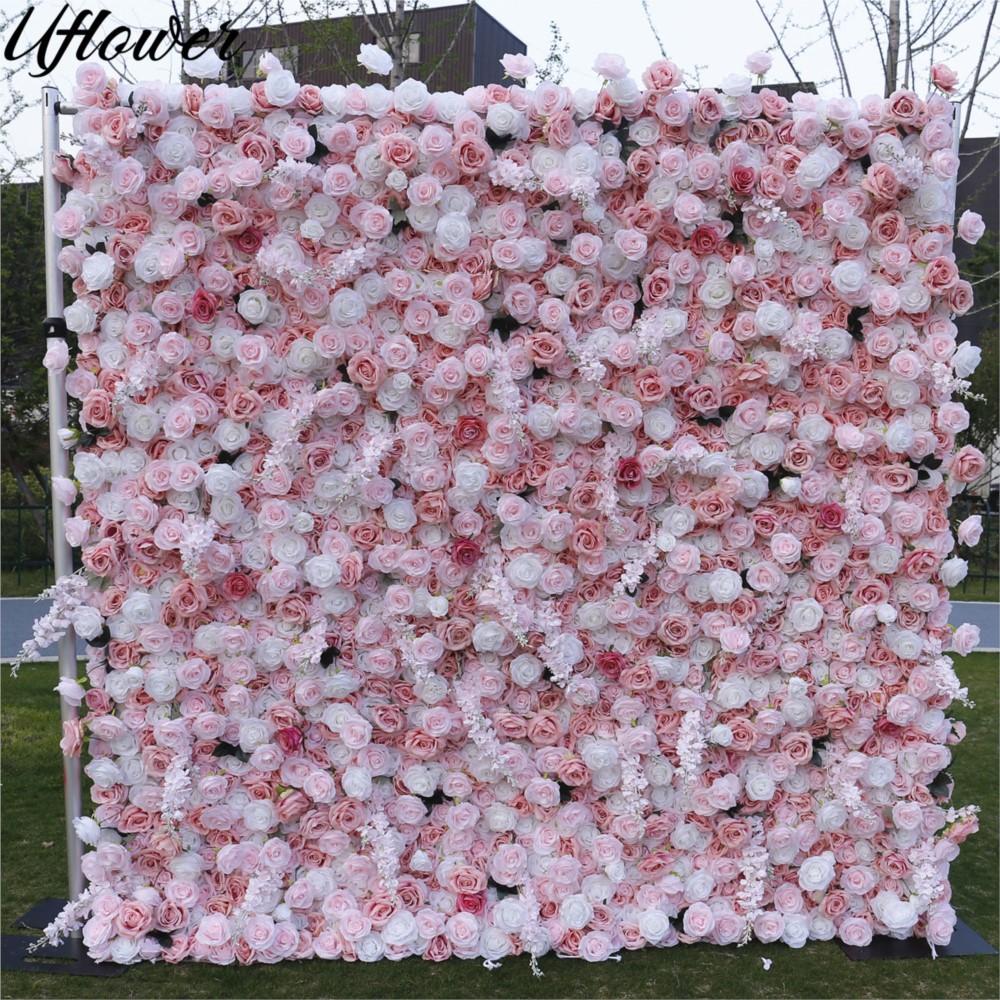 Flower Wall Panel - ผ้าตกแต่งผนังดอกกุหลาบสีชมพูขาว 5D ของ Uflower สำหรับฉากหลังงานแต่งงาน ผ้าม่านแขวน