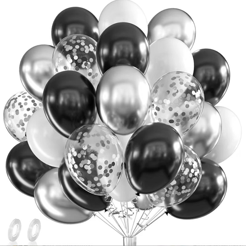 Balloon Pump Hand - ลูกโป่งลาเท็กซ์สีเงิน ดำ ขาว ลายคอนเฟตติ 42 ชิ้น